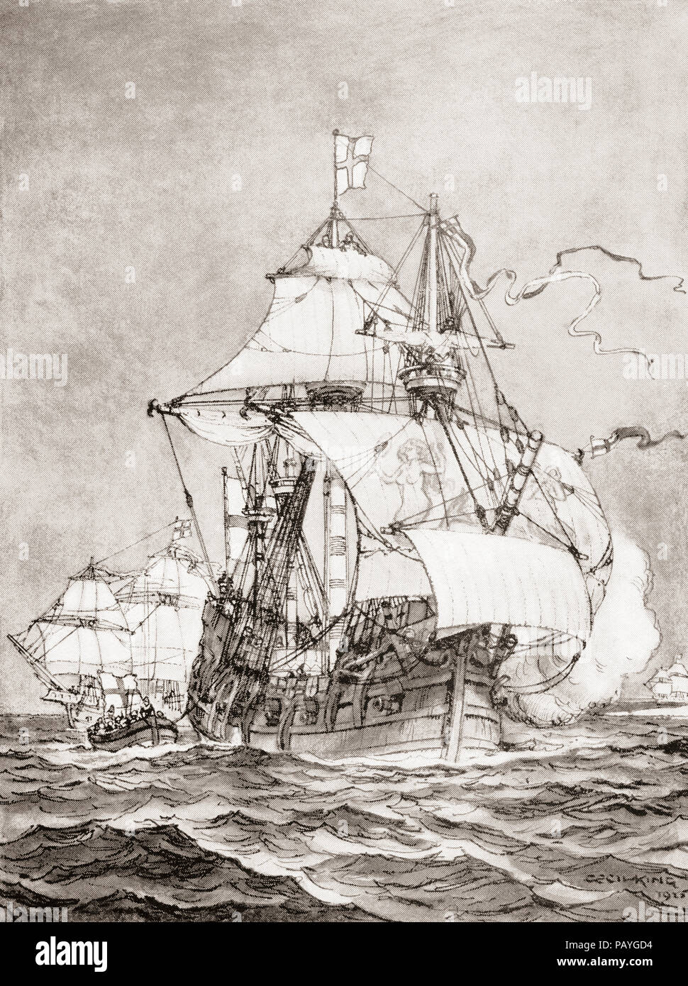 John Hawkins à bord du carré du XVIe siècle, Jésus de Lübeck, entrant avec plusieurs autres navires anglais, San Juan de Ulúa (jour moderne Vera Cruz, Mexique) en septembre 1568, où ils ont rencontré une flotte espagnole, dans la bataille qui en a résulté Jésus de Lübeck a été capturé par les forces espagnoles. Du Livre des navires, publié en 1920 c.. Banque D'Images