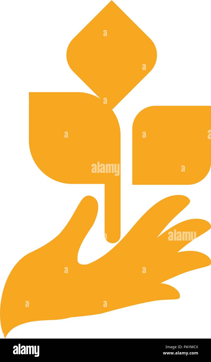La main d'orange avec des feuilles. Sprout, nouvelle vie. Logotype de l'élément de la nature. Produit biologique agricole signe. Illustration vecteur de récolte Illustration de Vecteur
