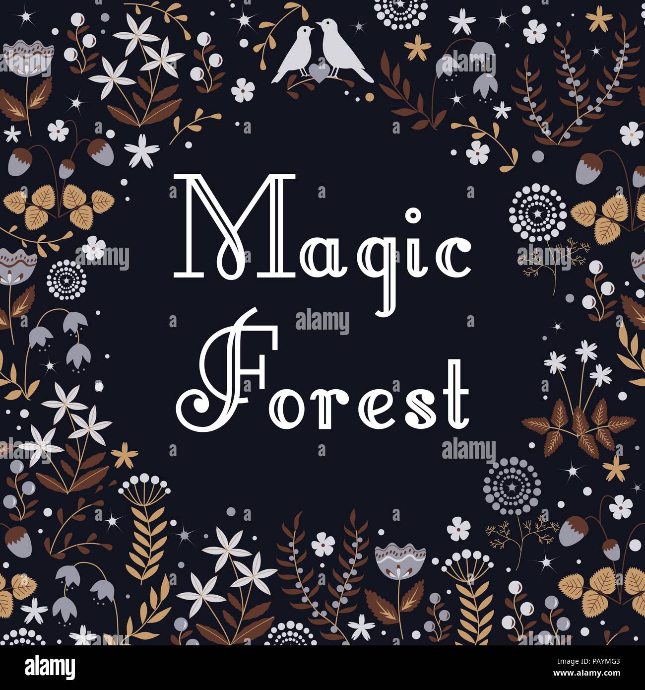 Vector floral frame de décoration avec des fleurs, des feuilles, et les oiseaux couple. Forêt féerique doodle arrière-plan. Illustration de Vecteur