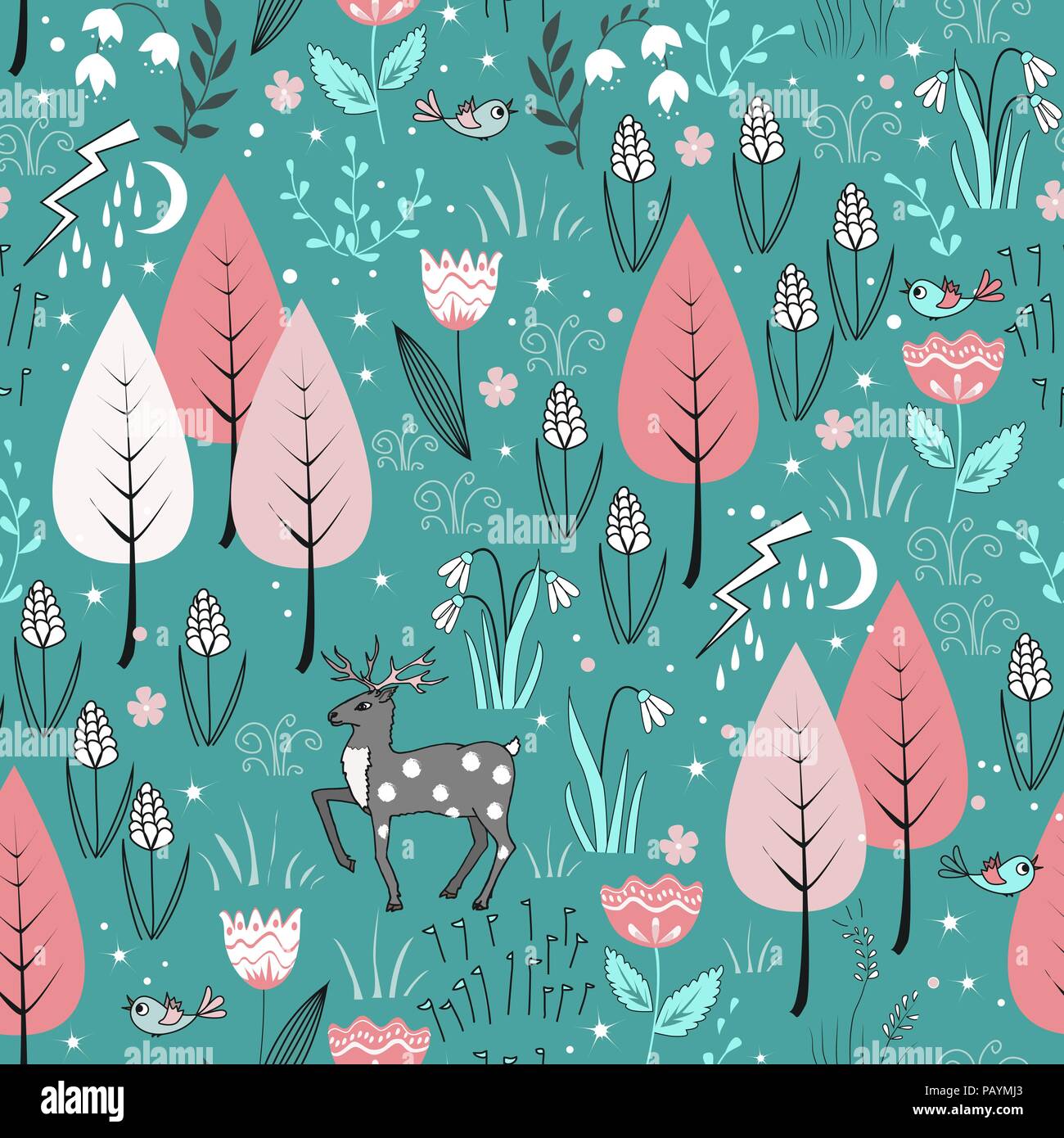 Modèle de printemps par des cerfs, des oiseaux, des fleurs, et des arbres en fleurs. Gentle spring forest arrière-plan. Vecteur Doodle Illustration de Vecteur