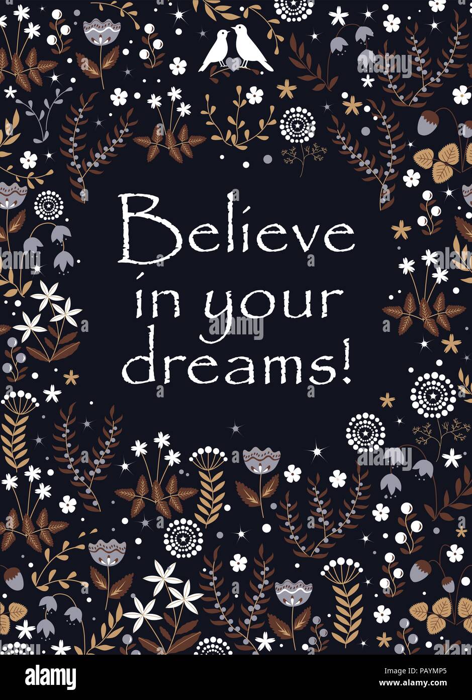 Vector floral frame de décoration avec des fleurs, des feuilles, et les oiseaux couple. Forêt féerique doodle arrière-plan. Illustration de Vecteur