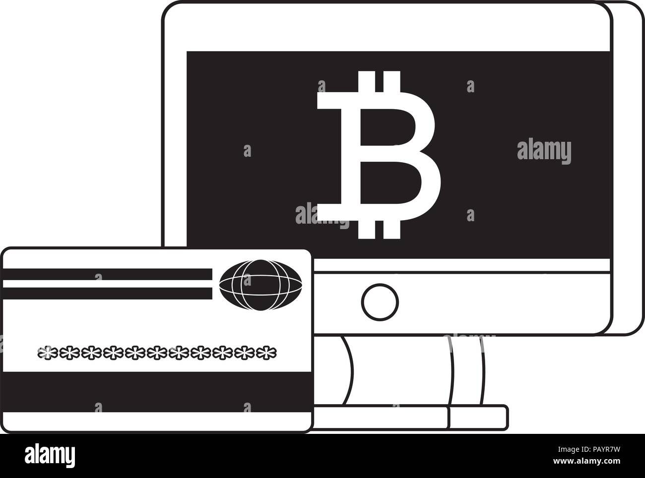 Ordinateur avec symbole bitcoin et une carte de crédit sur fond blanc, vector illustration Illustration de Vecteur