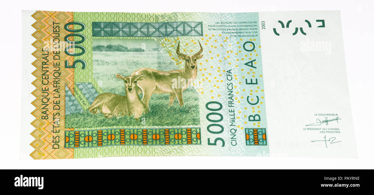 5000 Billet de banque du franc CFA. Franc CFA est utilisé dans 14 pays africains. Banque D'Images