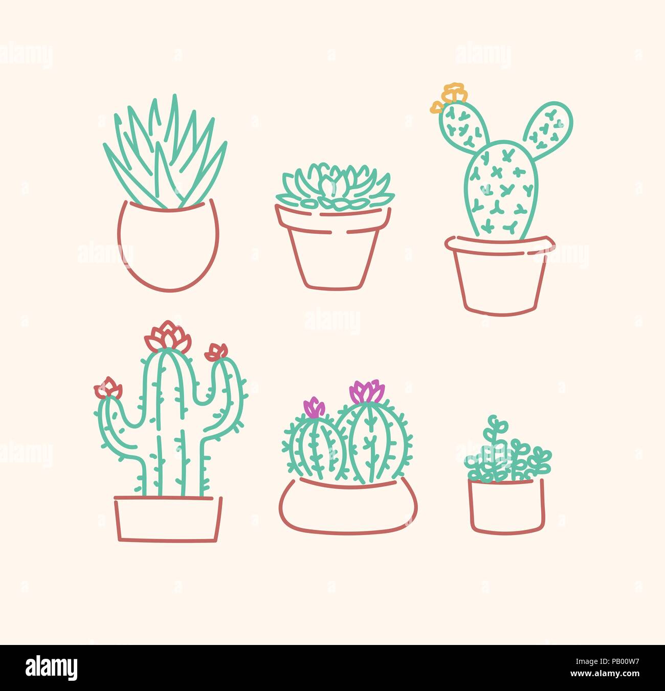 Différents types de pots de plantes grasses cactus en linéaire d'illustration vectorielle mignon jeu de croquis Illustration de Vecteur