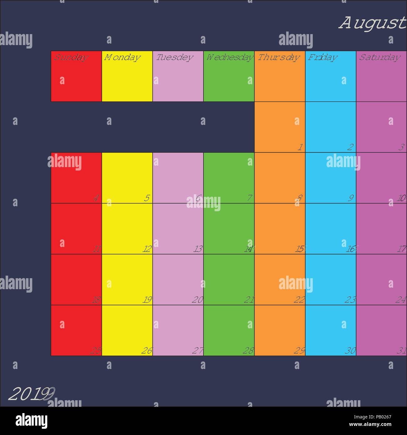 Calendrier Août 2019 Planer avec une couleur spécifique pour chaque jour de la semaine et mois color Illustration de Vecteur