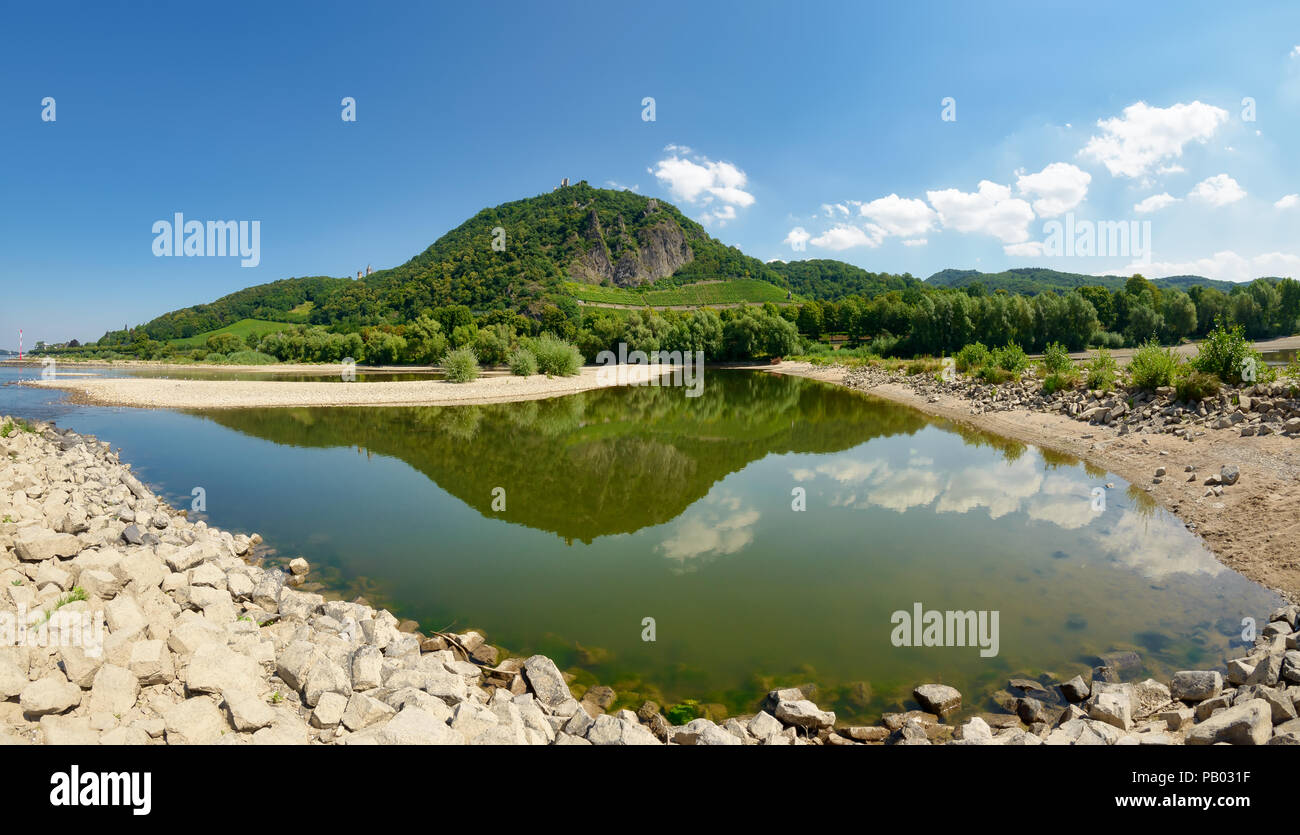 Vue panoramique de la colline de Drachenfels avec Siebengebirge miroir dans l'eau du Rhin à faible niveau d'eau entre les aines, Allemagne Banque D'Images