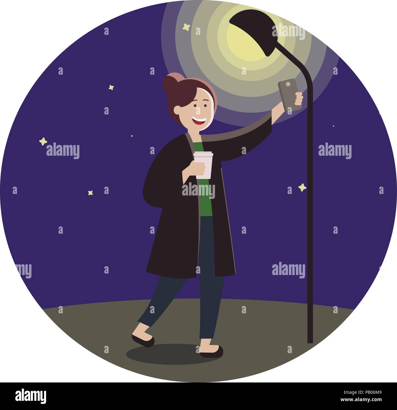 Fille à la mode sur la rue sombre sous la lumière holding phone, rendant vos autoportraits pour réseaux sociaux, album photo personnel. Illustration dans le style cartoon. Illustration de Vecteur