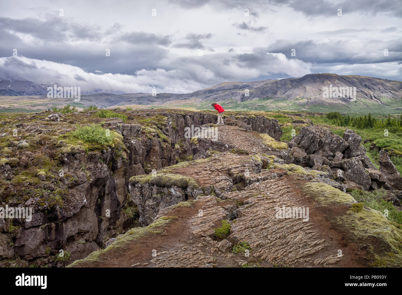 Femme debout sur une falaise, regardant la vallée du Rift, le Parc National de Thingvellir, Islande Banque D'Images