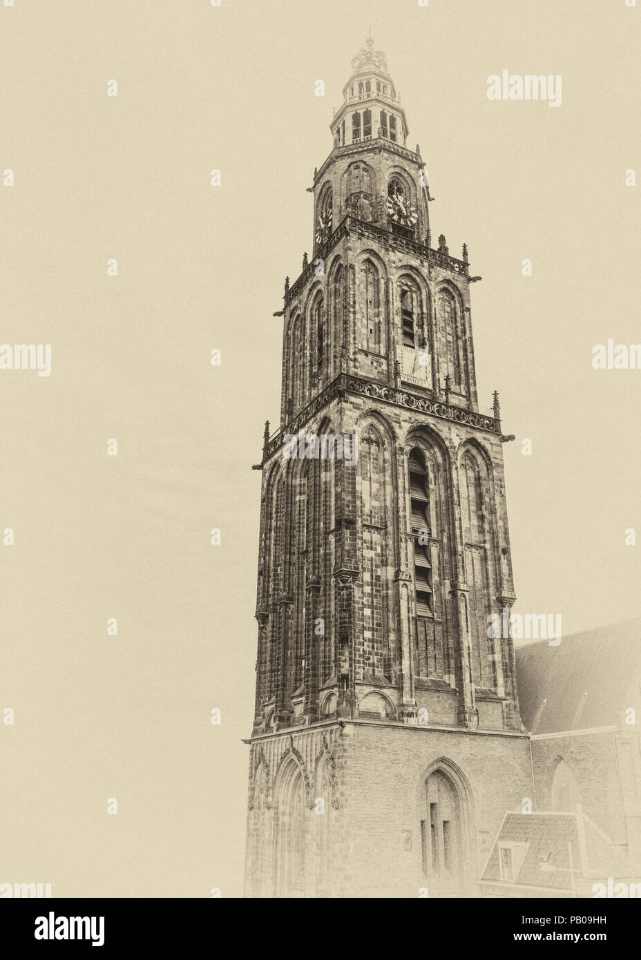 Célèbre Martinitower à Groningen aux Pays-Bas dans un style vintage postcard Banque D'Images