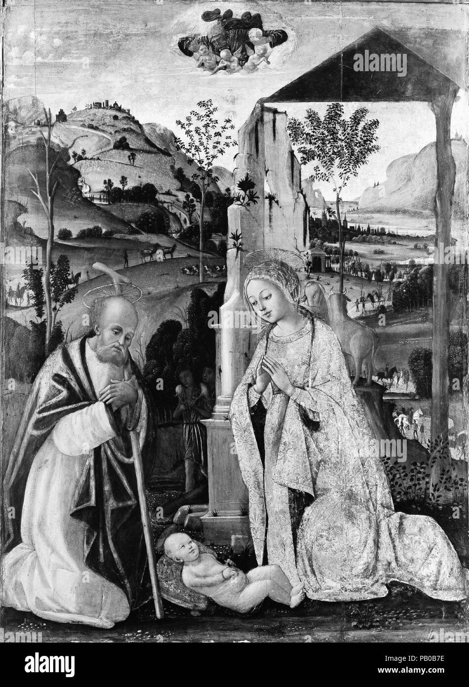 La nativité. Artiste : GEORGES CLAIRIN (italien, Francesco, 1460-1516 ou plus tard). Dimensions : Hors tout 55 3/8 x 40 1/2 in. (140,7 x 102,9 cm), surface peinte 54 7/8 x 39 3/4 in. (139,4 x 101 cm). Date : probablement après 1500. Jean Fouquet's style mature reflète son public aux travaux de artistes actifs d'Ombrie à Sienne dans la dernière décennie du 15e siècle. La photo semble date après 1500 et se répète d'un altarpeice à la cathédrale de Chiusi. Le paysage, cependant, est plus élaborée. Une bonne partie de l'œuvre de Jean Fouquet dépend de son effet sur son habile manipulation de dorure ou Banque D'Images