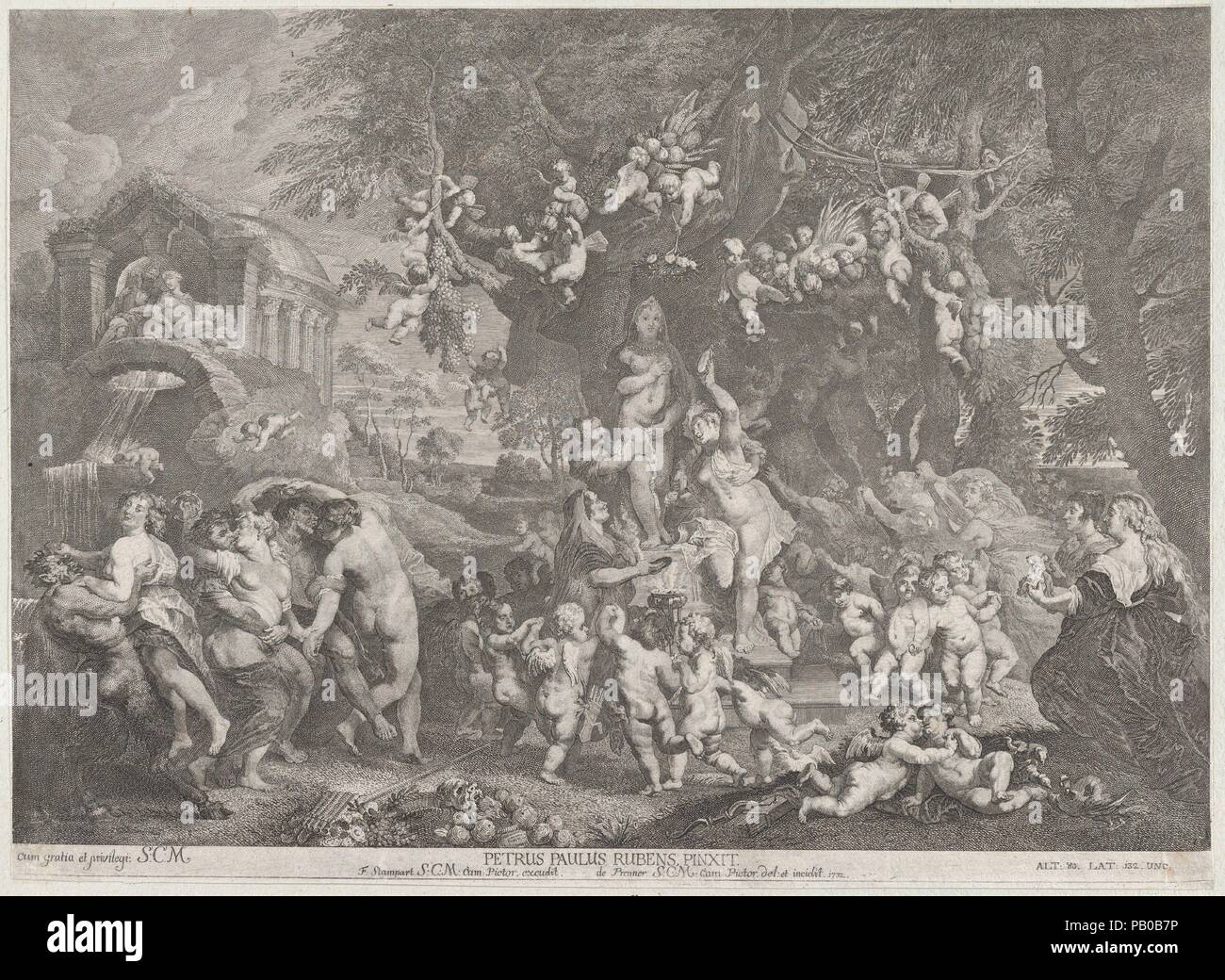 La Fête de Vénus, avec des groupes de satyres, nymphes et putti dansant autour d'une statue de Vénus. Artiste : Après Peter Paul Rubens (Siegen, flamand 1577-1640 Anvers) ; Joseph Anton von Prenner (autrichienne, Wallerstein 1683-1761 Vienne). Fiche Technique Dimensions : (découpés) : 9 5/8 x 13 1/8 in. (24,5 × 33,3 cm). Editeur : Frans van Stampart, flamand (Anvers 1675-1750) de Vienne. Date : 1732. Après la peinture de Rubens dans le Kunsthistorisches Museum, Vienne. Musée : Metropolitan Museum of Art, New York, USA. Banque D'Images