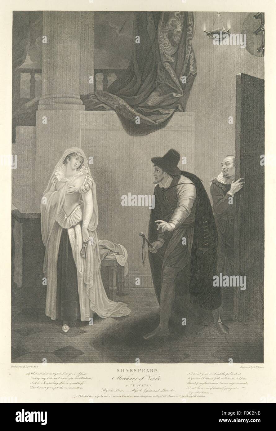 L'House-Shylock Shylock, Jessica et Launcelot (Shakespeare, marchand de Venise, Acte 2, scène 5). Artiste : D'après Sir Robert Smirke (britannique, Londres 1780/1781-1867 Cheltenham). Dimensions : Image : 21 x 15 13/16 11/16 in. (55,4 x 39,8 cm) Plaque : 25 1/2 × 19 5/8 in. (64,8 × 49,8 cm) feuille : 27 7/8 x 21 7/8 in. (70,8 × 55,5 cm). Graveur : Peter Simon (britannique, Londres ca. 1764-1813 Paris). Editeur : John & Josiah Boydell (britannique, 1786-1804). Series/portefeuille : Boydell Shakespeare Gallery. Objet : William Shakespeare (British, Stratford-upon-Avon 1564-1616 Stratford-upon-Avon). Date : 1 décembre Banque D'Images