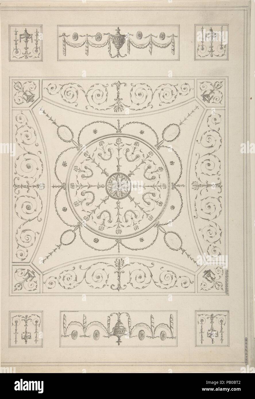 Conception d'un plafond de forme oblongue avec un ovale Centre. Artiste : attribué à James Wyatt (Weeford, britannique, Stafforshire 1746-1813 près de Marlborough, Wiltshire). Fiche technique : Dimensions : 13 x 17 9/16 in. (34,4 x 43,2 cm). Ancienne Attribution : anciennement attribué à Robert Adam (British, Kirkcaldy, Ecosse 1728-1792 Londres). Date : 18e-19e siècle. Musée : Metropolitan Museum of Art, New York, USA. Banque D'Images