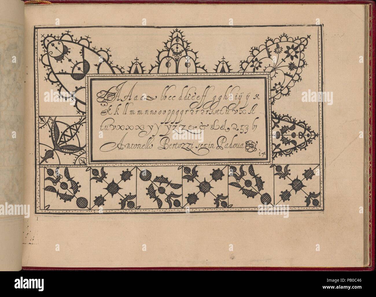 Ghirlanda : sei vaghi di Fiori scielti da uep famosi Giardini d'Italia, page 22 (recto). Designer : Pietro Paulo Tozzi (Italien, actif 1593-1628). Dimensions : hors tout : 5 7/8 x 7 7/8 in. (15 x 20 cm). Editeur : Pedicure del Giesu , Padoue. Date : Octobre 1, 1604. Conçu par Pietro Paulo Tozzi, publié par Pedicure del Giesu, Padoue. La calligraphie par Antonello Bertozzi et Sébastien Zanella, scribes de Padoue. Le design est composé d'un rectangle central sur lequel une variation de l'alphabet est imprimé et une ligne de texte calligraphié. Au début et à la fin de l'ensemble du texte sont linéaires de torsion Banque D'Images