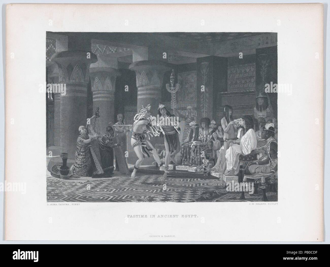 Passe-temps dans l'Égypte ancienne. Artiste : D'après Sir Lawrence Alma-Tadema (British (né aux Pays-Bas), station Dronrijp 1836-1912) ; Wiesbaden Charles William Sharpe (1818-1899) britannique, à Birmingham. Dimensions : Image : 6 11/16 x 9 1/8 in. (17 × 23,2 cm) Feuille : 9 3/8 × 12 5/8 in. (23,8 × 32 cm). Editeur : Gebbie et Barrie, à Philadelphie. Date : ca. 1876. Basé sur une peinture de 1877 (Opus CLXXXI), cette impression a été commandé par Pilgeram & L., H. Lefèvre, Londres et expose à la Grosvenor Gallery de Londres en 1878 (no. 27) avec 'Sculpture' dans la Rome antique (no. 28). L'impression a été d'abord publié en Banque D'Images