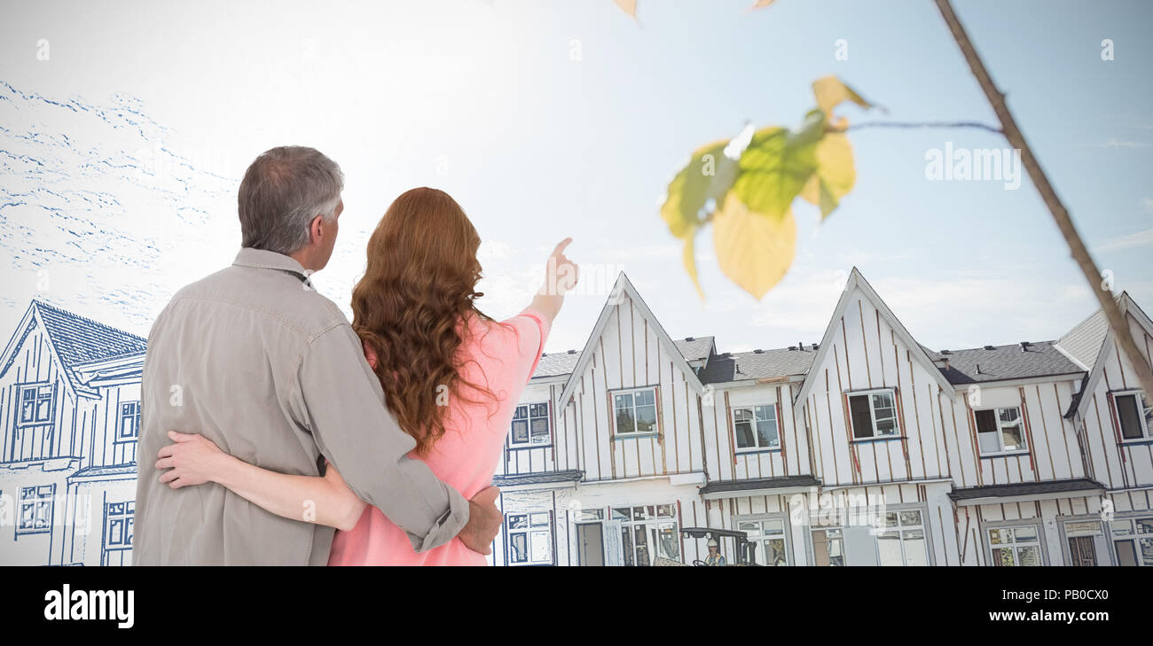 Image composite de casual couple standing arms autour Banque D'Images