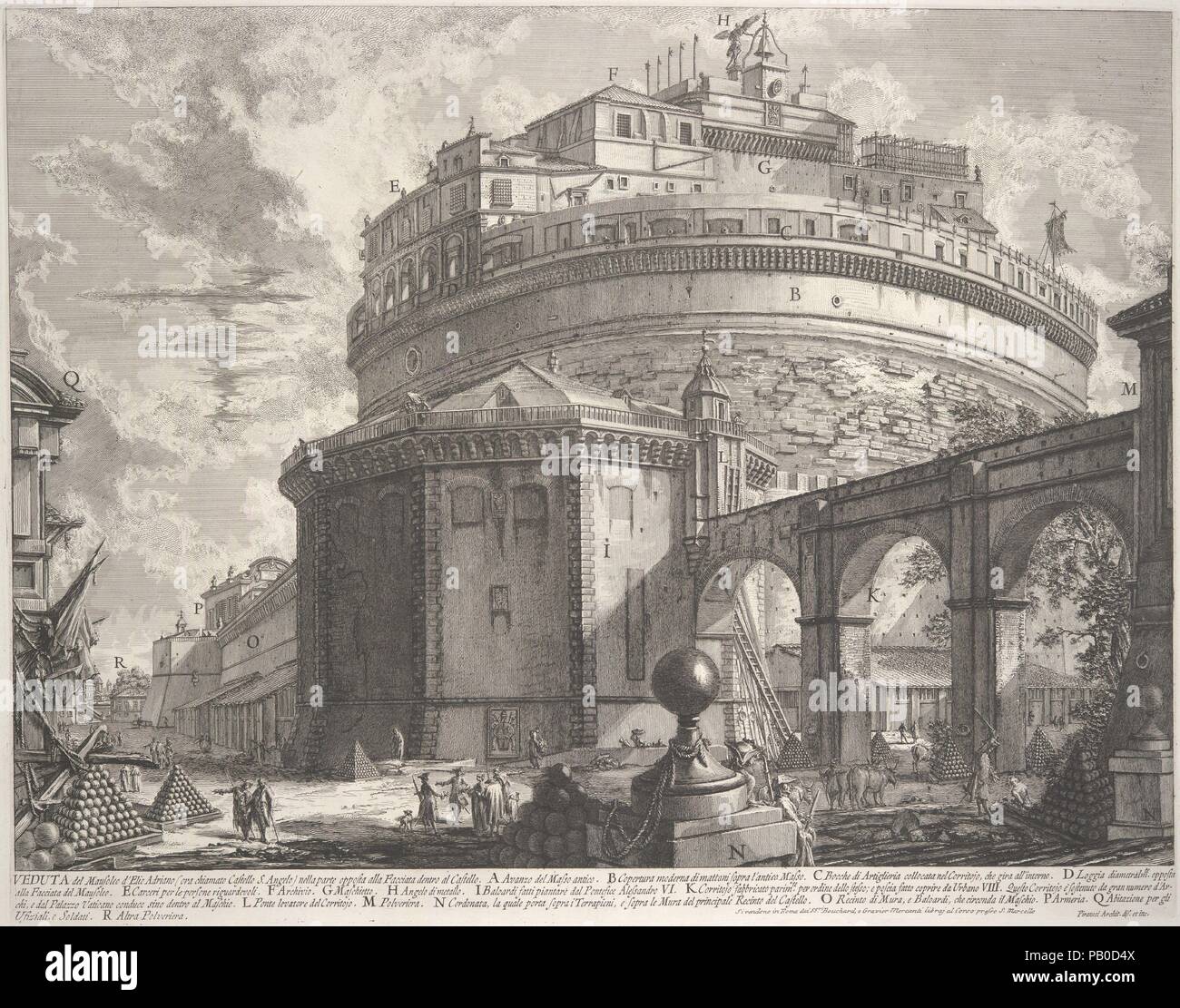 Vue sur le mausolée de l'empereur Hadrien (maintenant appelé Castel S. Angelo) de l'arrière, de vedute di Roma (vues romain). Artiste : Giovanni Battista Piranesi (Italien, Mogliano Veneto Rome 1720-1778). Fiche Technique : Dimensions : 20 x 25 9/16 in. (50,8 x 65 cm) Plaque : 17 x 21 5/16 15/16 in. (44 x 55,8 cm). Editeur : Bouchard et gravier (Rome). Series/portefeuille : Vedute di Roma. Date : ca. 1756. Les premiers piranèse vues de Rome, comme la Piazza del Popolo (37.45.3.49), a placé les principaux bâtiments à l'arrière d'un vaste espace, inclinée, remplie d'une diversité de l'activité humaine. Au milieu-1750s Banque D'Images