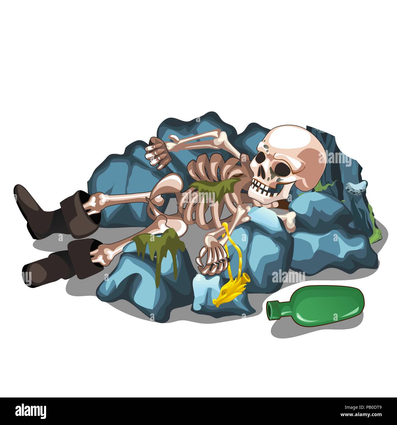 Corps squelettique d'un homme étendu sur les pierres isolé sur fond blanc. Le squelette d'un humain. Cartoon Vector illustration close-up. Illustration de Vecteur