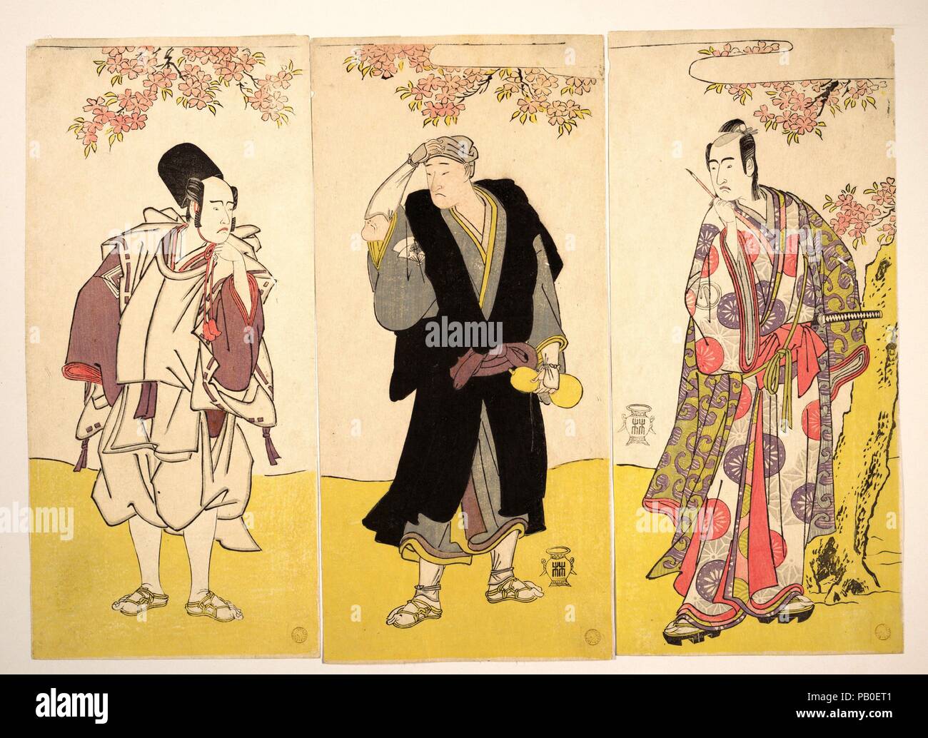 Ichikawa Yaozo Acteurs de Kabuki Onoe Matsusuke I, III, et Sawamura Sojuro III. Katsukawa Shunsho Artiste : (japonais, 1726-1792). Culture : le Japon. Dimensions : a : 12 5/8 in. (32,1 cm) ; W. 5 3/4 in. (14,6 cm) b : 12 5/8 in. (32,1 cm) ; O. 5 13/16 in. (14,8 cm) c : 12 11/16 in. (32,2 cm) ; O. 5 13/16 in. (14,8 cm). Date : le 11e mois, 1786. Musée : Metropolitan Museum of Art, New York, USA. Banque D'Images