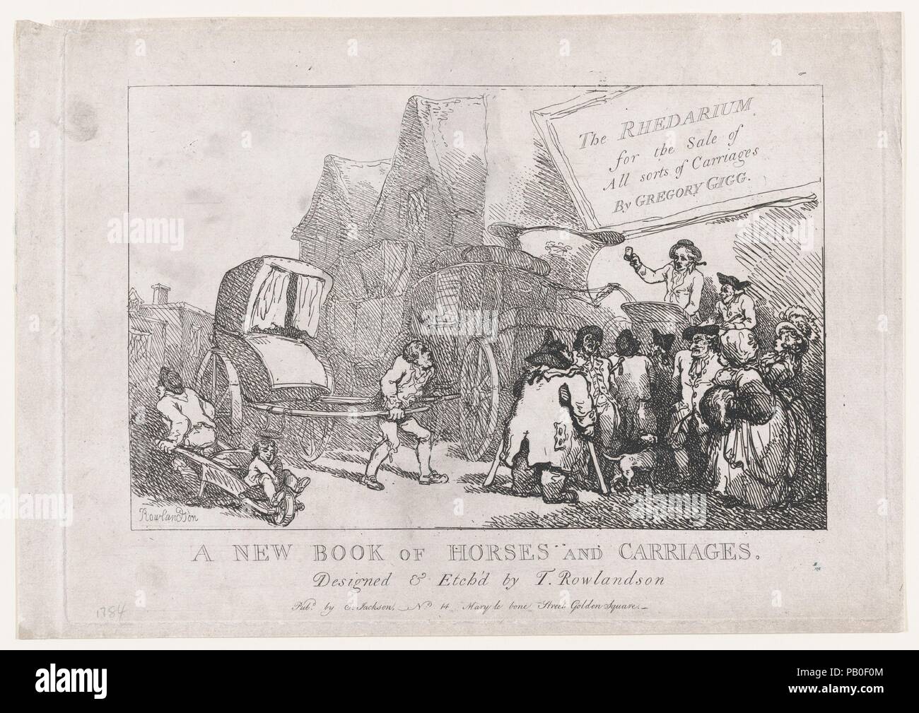 Page de titre, d'un nouveau livre de chevaux et calèches. Artiste : Thomas ROWLANDSON (britannique, Londres 1757-1827 Londres). Fiche Technique : Dimensions : 10 × 5/16 14 3/4 in. (26,2 × 37,4 cm) Plaque : 9 × 13 13/16 11/16 in. (25 × 34,7 cm). Publié dans : Londres. Editeur : E. Jackson (Londres). Series/Portfolio : un nouveau livre de chevaux et chariots (le Rhedarium). Date : 1784. Musée : Metropolitan Museum of Art, New York, USA. Banque D'Images