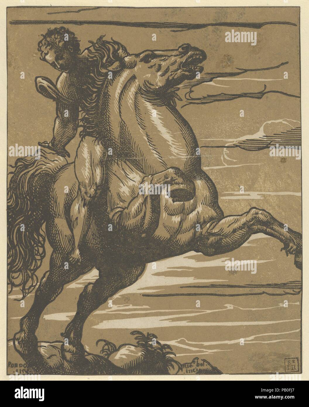 Le saut de cheval. Artiste : Après Giovanni Antonio da Pordenone (Giovanni Antonio de Sacchis) (Italien, Pordenone 1483 ?-1539) ; Ferrare Nicolò Boldrini (Italien, Vicenza ca. 1500-après 1566) de Venise. Dimensions : Support : 12 11/16 in. × 10 7/16 po. (32,3 × 26,5 cm) Feuille : 9 × 1/16 7 5/16 in. (23 × 18,5 cm). Date : ca. 1535-40. Musée : Metropolitan Museum of Art, New York, USA. Banque D'Images