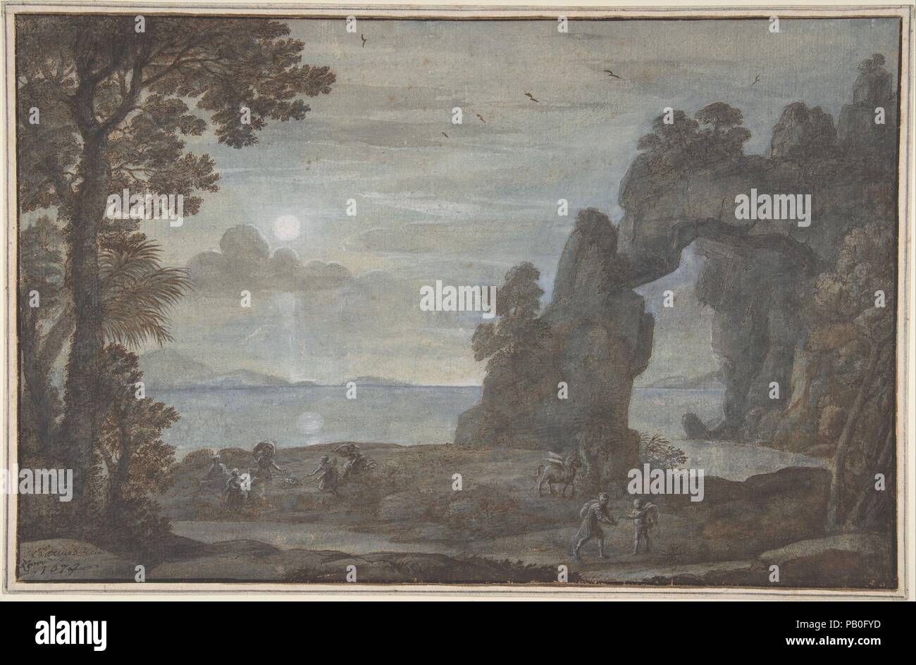 Vue de la côte avec Persée et l'origine des récifs. Artiste : Claude Lorrain (Claude Gellée) (Français, Chamagne 1604/5 ?-1682) de Rome. Dimensions : 9 3/4 x 15 1/16 in. (24,7 x 38,2 cm). Date : 1674. Ce dessin pictural, avec un sketchier l'un représentant la même scène (Collection Lehman, 1975.1.661), font partie d'un groupe associé à l'une des peintures les plus célèbres de Claude de la dernière phase de sa longue carrière artistique (Holkham Hall, Norfolk, Angleterre). La peinture, qui porte le même titre et date comme le dessin, a été exécuté en 1674 pour Camillo Massimi (1620-1676), qui est devenu un m Banque D'Images
