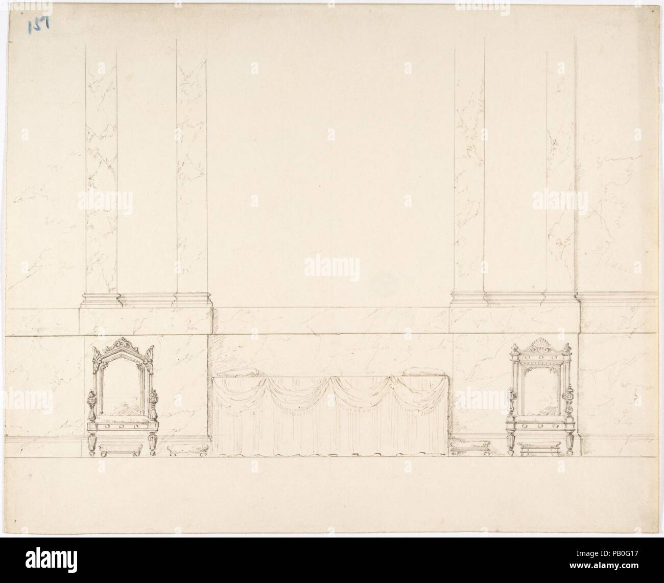 Élévation d'un mur avec des pilastres de marbre, une Table drapée et deux fauteuils avec repose-pieds. Artiste : Anonyme, britannique, 19e siècle. Fiche technique : Dimensions : 9 1/2 x 11 3/4 in. (24,2 x 29,9 cm). Date : début du 19ème siècle. Musée : Metropolitan Museum of Art, New York, USA. Banque D'Images