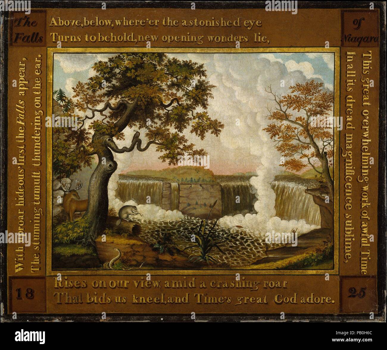 Les chutes de Niagara. Artiste : Edward Hicks (Américain, Langhorne, Pennsylvanie 1780-1849 Newton, Massachusetts). Dimensions : 31 1/2 x 38 in. (80 x 96,5 cm). Date : ca. 1825. Hicks a visité les chutes du Niagara en 1819, mais il a fondé cette composition sur une vignette de la tombe d'une carte de l'Amérique du Nord publié par Henry S. Tanner en 1822. Comme vu du côté canadien, les chutes sont remplies de l'orignal, le castor, serpent à sonnettes et Eagle, tous les emblèmes traditionnels d'Amérique du Nord. Le poème inscrit autour de l'image est un extrait d'Alexander Wilson's 'Les forestiers" qui parut à l'origine Banque D'Images