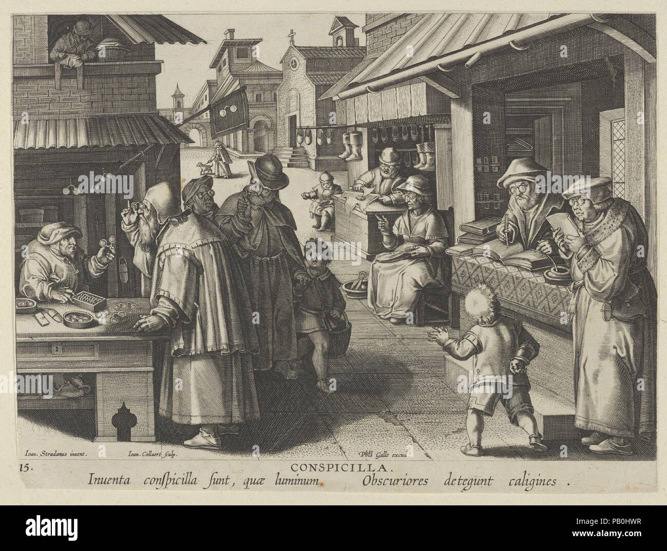 De nouvelles inventions des temps modernes [Nova Reperta], l'Invention des lunettes, de la plaque 15. Artiste : Jan Collaert I (Anvers, Russisch ca. Anvers 1530-1581) ; Après Jan van der Straet, appelé Stradanus (Bruges, Russisch 1523-1605 Florence). Fiche technique : Dimensions : 10 5/8 x 7 7/8 in. (27 x 20 cm). Editeur : Philips (Galle, Russisch Haarlem 1537-1612 Anvers). Date : ca. 1600. Quinzième à partir d'une plaque imprimer série intitulée Nova Reperta (nouvelles inventions des temps modernes) composé d'une page de titre et 19 planches, gravée par Jan Collaert JE, après Jan van der Straet, appelé Stradanus, et publié Banque D'Images