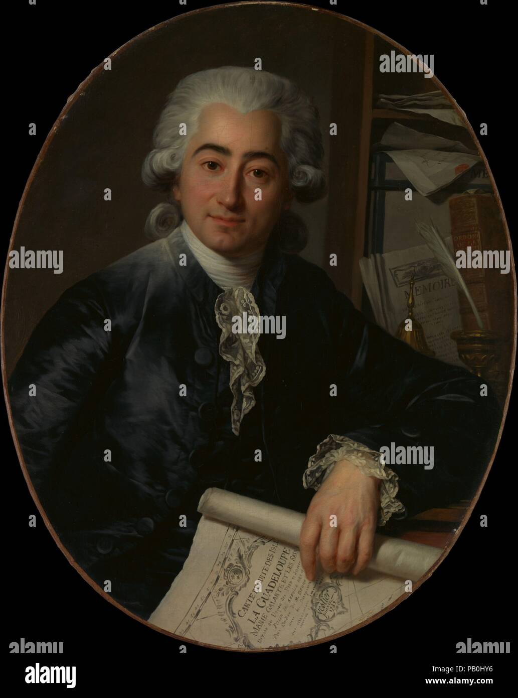 Eugène Joseph Stanislas Foullon d'Écotier (1753-1821). Artiste : Antoine Vestier (Français, Avallon 1740-1824 Paris). Dimensions : Ovale, 31 1/8 x 25 5/8 in. (80,3 x 63,8 cm). Date : 1785. Eugène Foulon d'Écotier doit avoir commandé le portrait à l'occasion de sa nomination en juin 1785 comme intendant de la Guadeloupe. Il a été peint dans le style typiquement Vestier minute avant le départ de la gardienne de l'île coloniale française que novembre. Il est titulaire d'une carte de la Guadeloupe, et derrière lui est un livre intitulé  <i >Ordonnances de la Marine </i >, le règlement de l'administration des colonies françaises. Musée : Banque D'Images