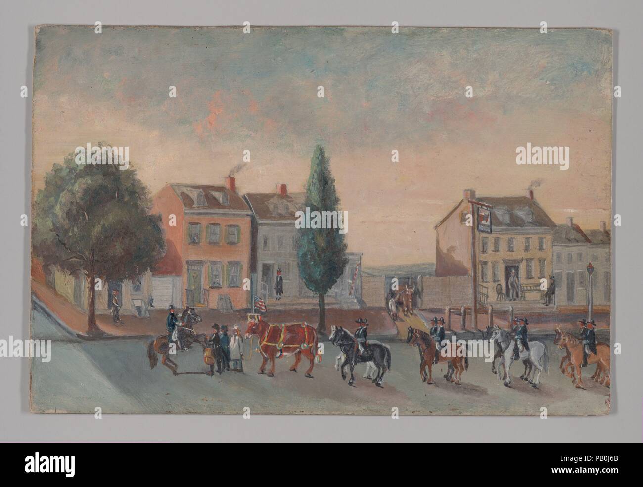 Tête de taureau taverne. Artiste : William P. Chappel (Américain, 1801-1878). Dimensions : 6 1/8 x 9 7/16 in. (16,4 x 23,2 cm). Date : 1870. Au début des années 1800, Henry Astor's Bull's Head Tavern sur Bowery se situait à l'épicentre de la ville, en plein essor, district de l'élevage. Là, les abattoirs, les bestiaux, les boucheries, et de tout le bétail transformés tanyards la région des trois états. Le stock serait ont défilé dans les rues (parfois avec la musique) par les bouchers qui ont pris les commandes des résidents. Dans le milieu des années 1820, dans l'espoir de se débarrasser de son village Bowery le bruit et la saleté, un groupe de riches New-yorkais Banque D'Images