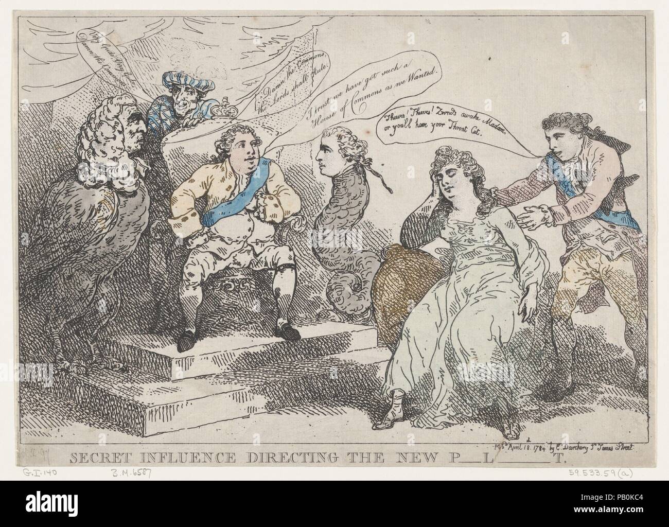 La Direction de l'influence secrète Nouveau P-l-t. Artiste : Thomas ROWLANDSON (britannique, Londres 1757-1827 Londres). Fiche Technique : Dimensions : 9 1/2 x 13 3/8 in. (24,2 × 33,9 cm). Editeur : William Humphrey (British, 1742 ?-1814) avant. Objet : George Prince de Galles (britannique, Londres 1762-1830 Windsor) ; Baron Edward Thurlow (British, Norfolk 1731-1806 Brighton) ; William Pitt (britannique, 1759-1806) ; John Stuart, 3 comte de Bute (britannique, né en Écosse, Édimbourg 1713-1792 Londres). Date : 18 mai, 1784. Musée : Metropolitan Museum of Art, New York, USA. Banque D'Images