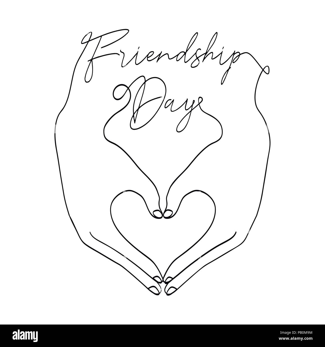 La Journée de l'amitié heureuse carte de souhaits illustration de mains d'amis Faire de forme de coeur ensemble en ligne continue avec style texte célébration citation. Spe Illustration de Vecteur