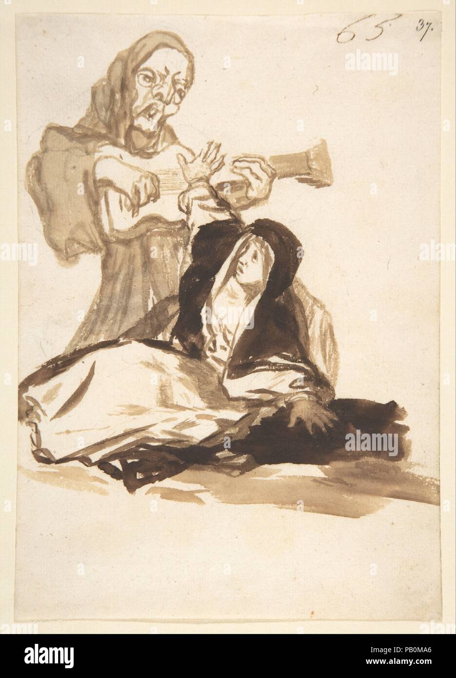 Une religieuse effrayés par un fantôme jouant de la guitare ; folio 65 à partir d'images d'Espagne album 'F'. Artiste : Goya (Francisco de Goya y Lucientes (Fuendetodos) espagnol, 1746-1828 Bordeaux). Fiche Technique : Dimensions : 8 1/16 × 5 11/16 in. (20,5 × 14,4 cm). Date : ca. 1812-20. Musée : Metropolitan Museum of Art, New York, USA. Banque D'Images