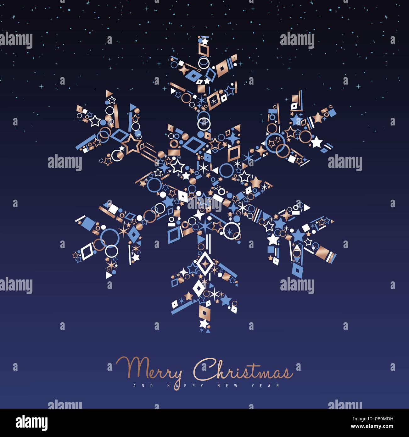 Joyeux Noël et Nouvel An carte de voeux illustration de luxe. Hiver flocon neige ornement de cuivre élégantes icônes sur fond de ciel de nuit. EPS10 Illustration de Vecteur