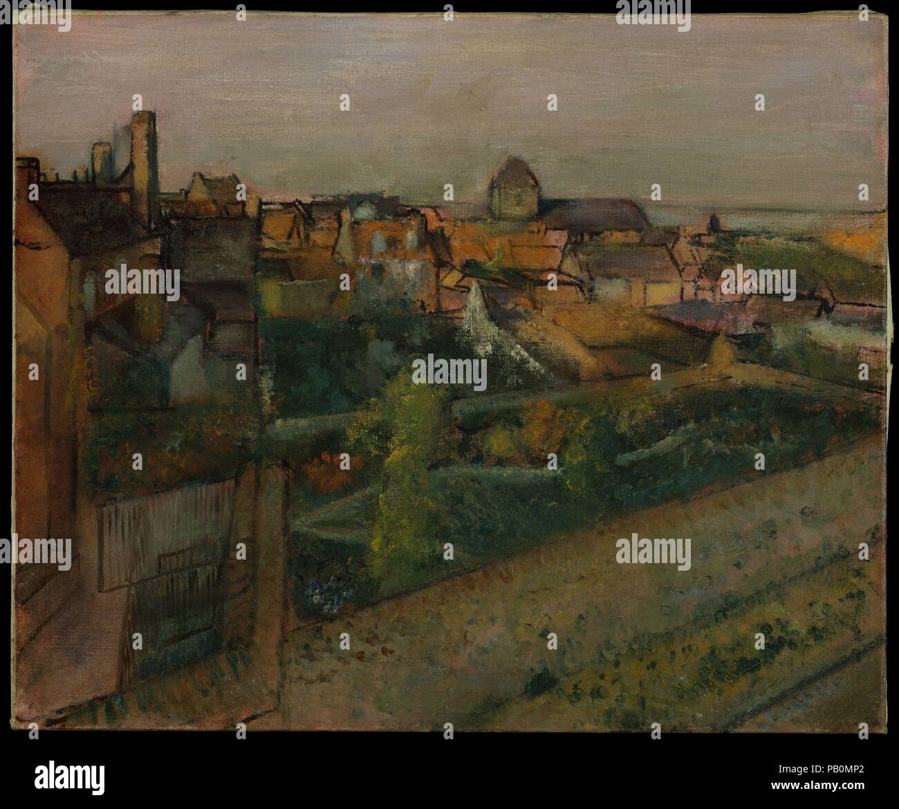 Avis de Saint-Valéry-sur-Somme. Artiste : Edgar Degas (français, Paris 1834-1917 Paris). Dimensions : 20 x 24 in. (50,8 x 61 cm). Date : 1896-1898. La peinture provençale Degas de Saint-Valéry-sur-Somme, une ville médiévale sur la côte Picarde au nord-ouest de Paris, le site des sondages à partir d'un point de vue élevé, le prêt d'une vue sur les toits et façades, ainsi que les cours et jardins. Ce paysage n'était pas peinte sur place, mais plus tard dans le studio de l'artiste où il a expérimenté avec la structure de ses nombreuses photos de Saint-Valéry-sur-Somme. L'avant-plan particulièrement ambigu et fracturées en éléments Banque D'Images