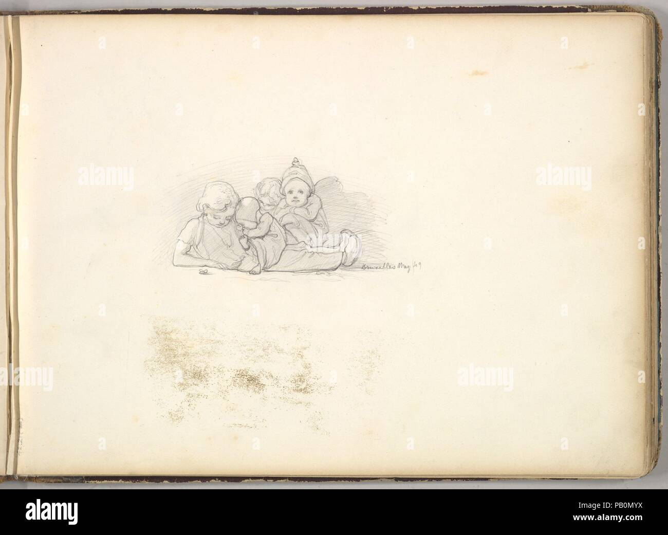 Un groupe d'enfants assis (dans carnet de croquis avec des dessins sur vingt-six feuilles). Artiste : Frédéric, Lord Leighton (British, Scarborough 1830-1896 Londres). Fiche Technique Dimensions : (page) : 7 7/8 x 10 7/8 in. (20 x 27,6 cm). Date : ca. 1849. Musée : Metropolitan Museum of Art, New York, USA. Banque D'Images