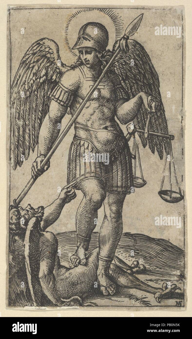 Saint Michael holding balances et une lance, un démon sous lui, à partir de la série "Piccoli Santi' (petits Saints). Artiste : Marcantonio Raimondi (Italien, Argini ( ?) ca. 1480-avant 1534 Bologna ( ?)). Dimensions : 3 1/4 x 1 7/8 in. (8,2 x 4,8 cm). Date : ca. 1500-1527. Musée : Metropolitan Museum of Art, New York, USA. Banque D'Images
