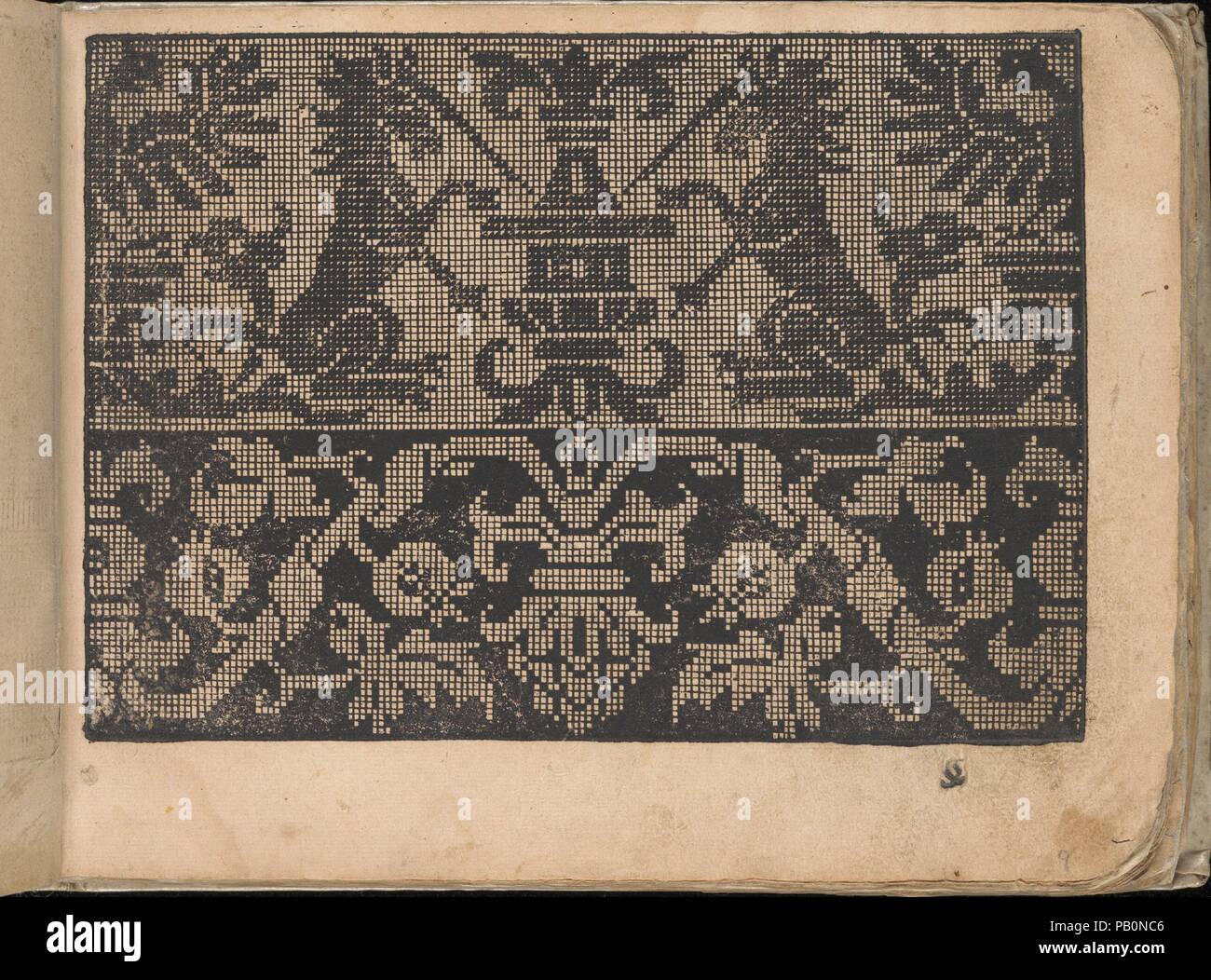 Neu künstlich Modelbuch (page 9r). Dimensions : hors tout : 6 1/8 x 7 7/8 in. (15,5 x 20 cm). Editeur : Bernhard Jobin (Swiss, Porrentruy (Jura) avant 1545-1593/1597 Strasbourg) , Stassburg. Date : 1598 ( ?). Publié par Bernhard Jobin, Strasbourg. Télécopieur illustré page de titre de l'édition 1579, un poème (2 pages), et 44 pages de dessins et modèles. Musée : Metropolitan Museum of Art, New York, USA. Banque D'Images