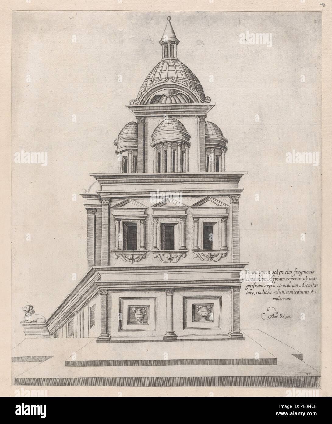 Speculum Romanae Magnificentiae : Temple près de la Voie Appienne. Artiste : anonyme. Fiche technique : Dimensions : 13 1/4 x 11 5/8 in. (34,6 x 28,5 cm) mont : 20 1/2 x 14 3/8 in. (52 x 36,5 cm). Editeur : Antonio Lafreri (Français, Orgelet, Franche-Comté, ca. Rome 1512-1577) ; Antonio Salamanca Salamanca (1478-1562) de Rome. Series/portefeuille : Speculum Romanae Magnificentiae. Date : le 16ème siècle. Cette impression vient de la copie du musée du Speculum Romanae Magnificentiae (le miroir de la Magnificence romaine) Le Speculum a trouvé son origine dans le secteur de l'édition s'efforce d'Antonio Salamanca et Antonio Lafreri. Au cours de t Banque D'Images