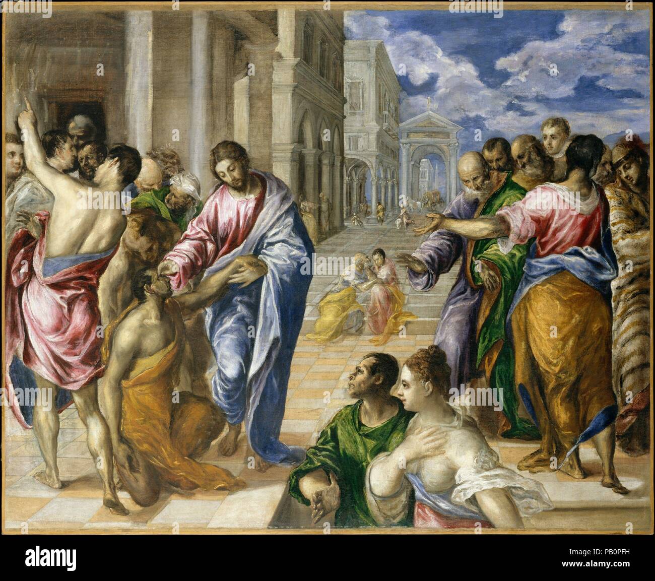 Le Christ la guérison de l'aveugle. Artiste : El Greco (Domenikos Theotokopoulos) (grec, Iráklion (Candia) 1540/41-1614 Toledo). Dimensions : 47 x 57 1/2 in. (119,4 x 146,1 cm). Date : ca. 1570. El Greco peint ce chef d'oeuvre de narration dramatique soit à Venise ou à Rome, où il a travaillé après avoir quitté la Crète en 1567 et avant de passer à l'Espagne en 1576. Il illustre l'Évangile de l'origine de Christ guérissant un aveugle par l'onction ses yeux. Les deux personnages au premier plan peut être les parents de l'aveugle. La partie supérieure gauche de la composition n'est pas terminé. El Greco peint deux autres versions de Banque D'Images