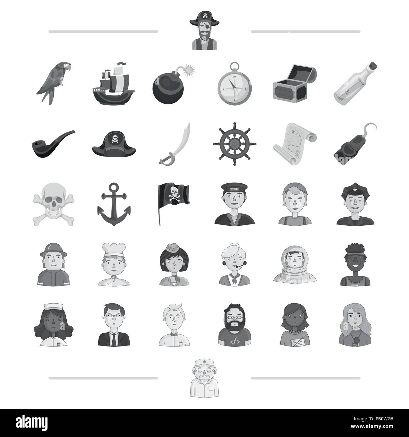 L'astronaute de l'ancre, athlète,bombe,bouteille,cap,constructeur,carte,la poitrine,collection,compas,cuisiner,,médecin,dispatcher,education,financier,pompier,flag helm,crochet,icône,,illustration,journaliste,isolé,logo,infirmière,monochrome,tuyau,perroquet,pirate,policier,profession,couvre-culasse,sabre,voilier,service,marin,set,signer,crâne,symbole,hôtesse de l'enseignant,trésor,voyages,serveur,web,vecteurs vecteur , Illustration de Vecteur