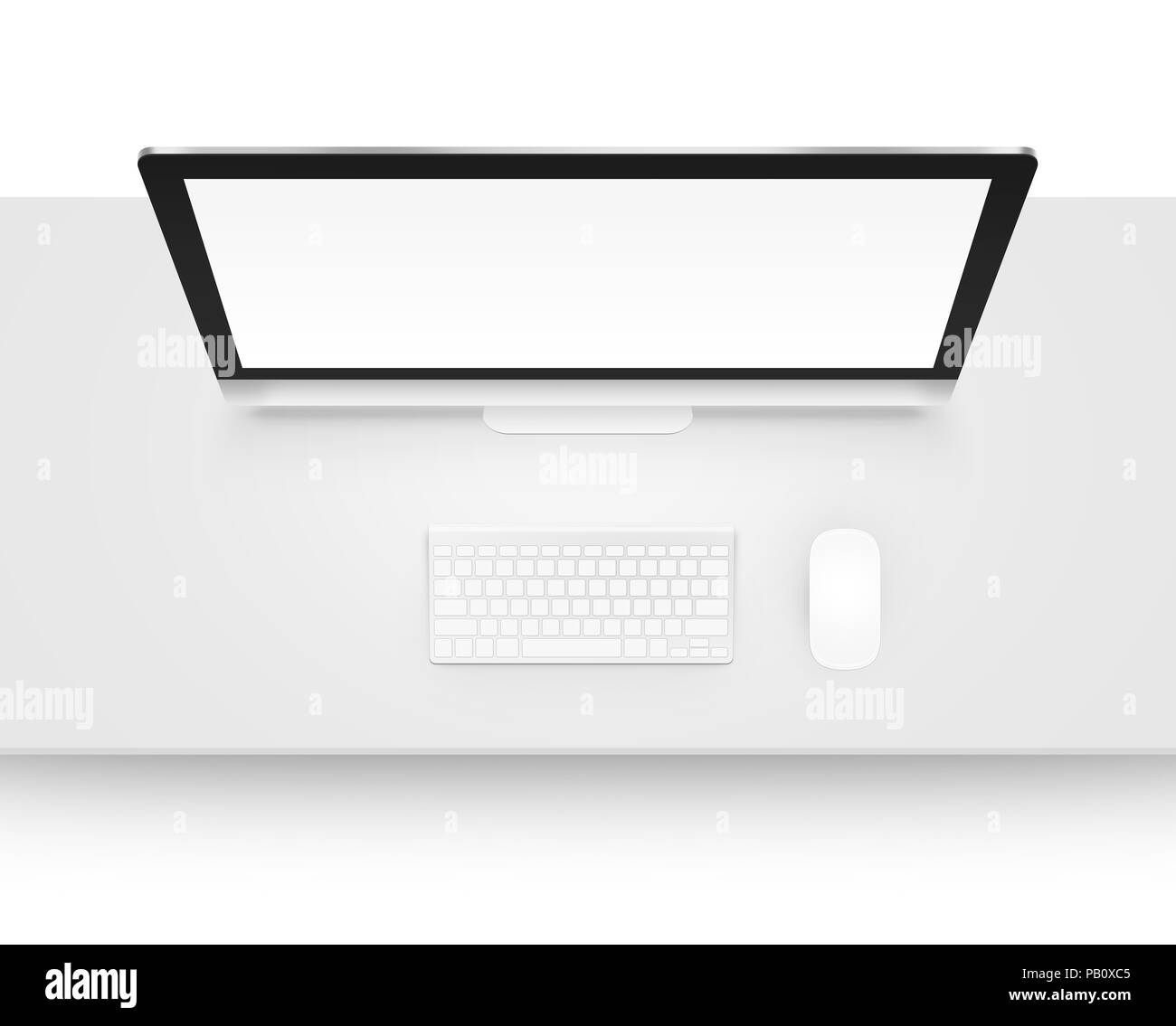 Maquette d'affichage de l'ordinateur avec clavier et souris de dessus isolé. Espace de bureau avec pc immersive haut. Modèle de travail créateur au sommet. Scre vierge Banque D'Images