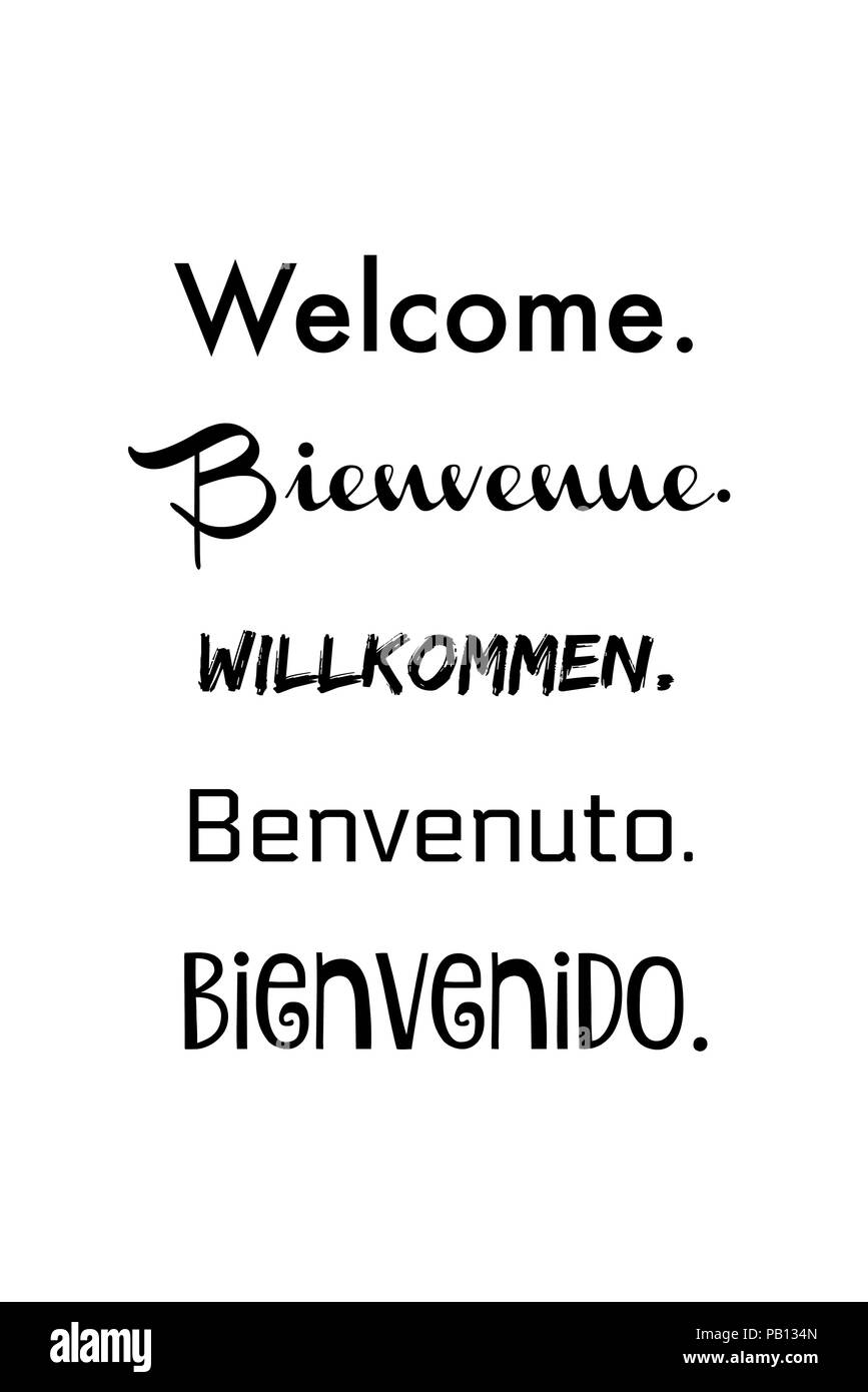 Le mot Bienvenue dans différentes langues en texte noir sur fond blanc. Banque D'Images