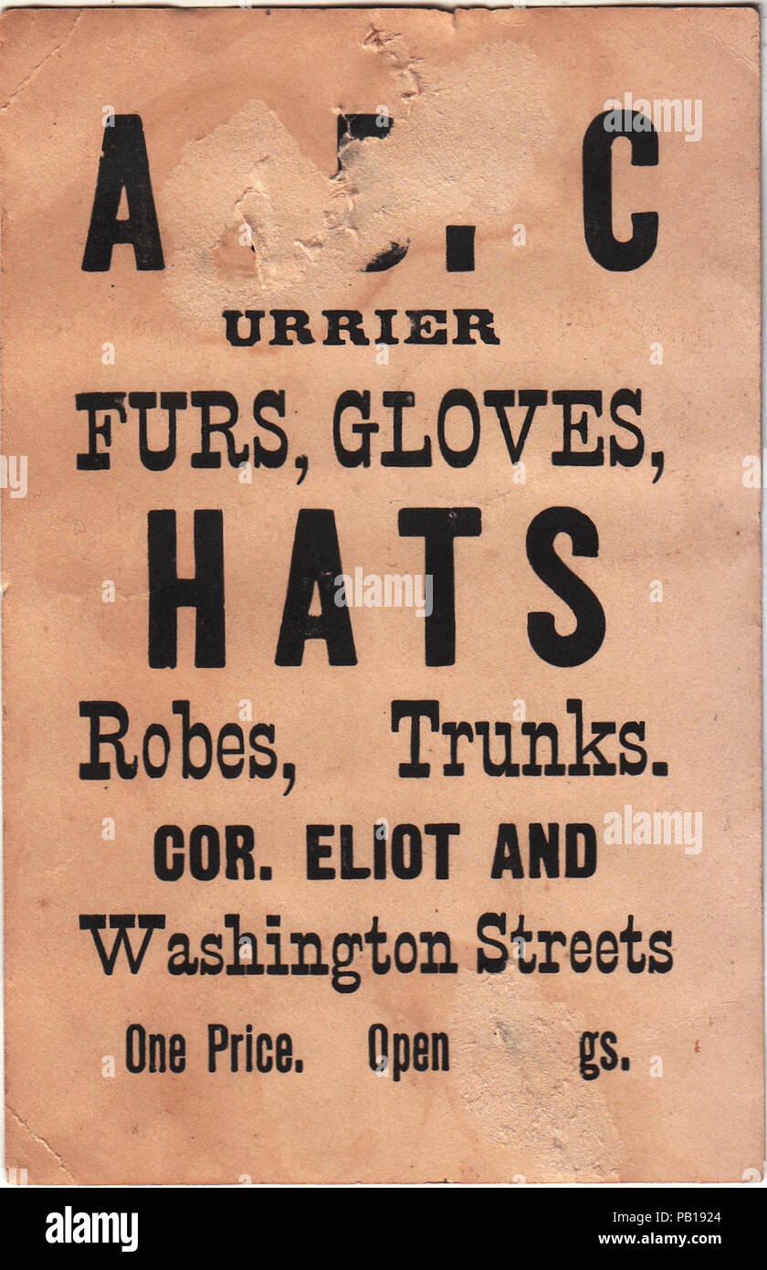 A. B. Currier, fourrure gants, chapeaux, robes, malles, cor. Eliot et rues de Washington (trading card b). Banque D'Images