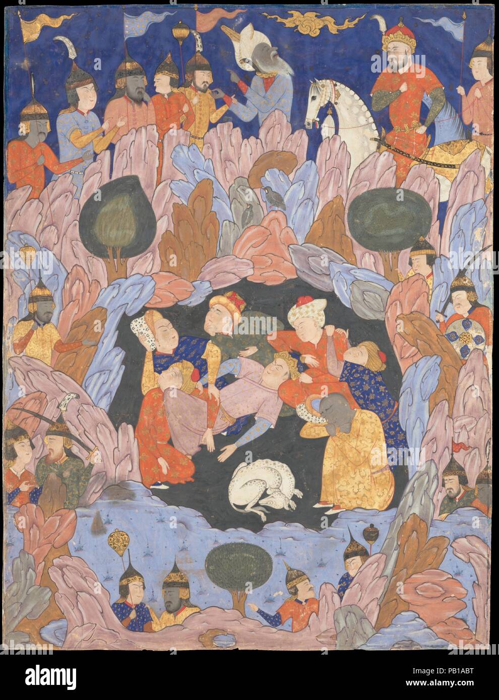 "Les Sept Dormants d'Ephèse", folio d'un Falnama (livre de présages). Dimensions : Peinture : H. 23 in. (58,4 cm) W. 17 3/4 in. (45,1 cm) mat : H. 28 in. (71,1 cm) W. 22 in. (55,9 cm) Cadre : H. 30 1/2 in. (77,5 cm) W. 24 1/2 in. (62,2 cm). Date : années 1550. Ce très grand folio représente sept hommes chrétiens, connu sous le nom de Sept Dormants et de leur chien Qitmir, qui a échappé miraculeusement à la persécution par dormir dans une grotte pendant 309 ans. Le contraste entre la sombre caverne, et les rochers, l'agitation à l'extérieur et l'intérieur de la rue paisible renforcer la narration. L couronné figu Banque D'Images