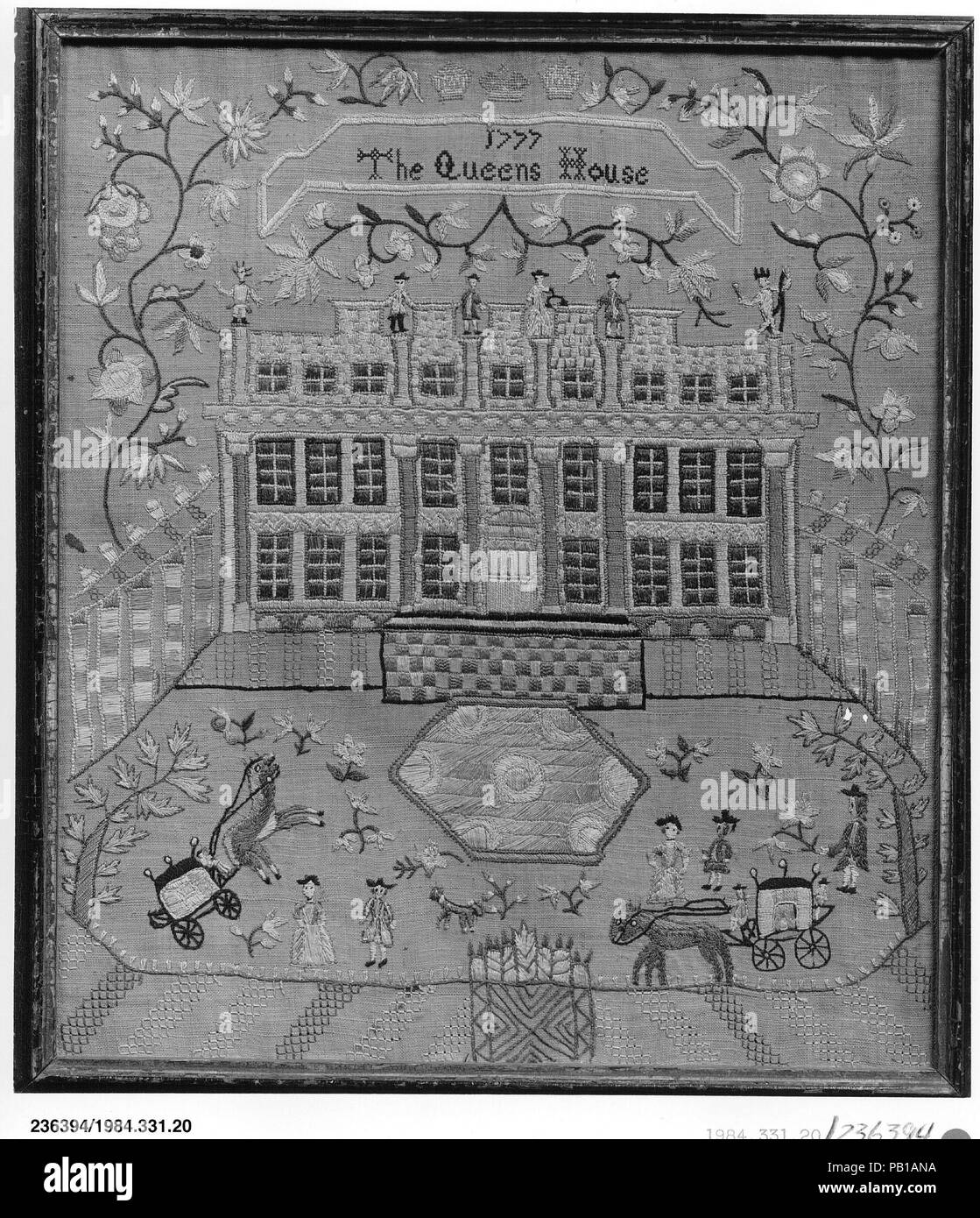 Sampler brodé. Culture : British. Dimensions : 17 1/2 x 15 in. (44,5 x 38,1 cm). Date : 1777. Cet échantillonneur britannique est un précurseur de l'American architectural des échantillons. Il dispose d'Inigo Jones's Queens House à Greenwich, en Angleterre, et d'expositions des paniers de suture à motifs complexes qui donnent à la dimension, le mur bosselé les entablements, et le portique en pierre. L'application stricte de la Chambre rendu rectiligne contraste avec les allées et venues de chaotique les chariots dans l'avant-cour. Musée : Metropolitan Museum of Art, New York, USA. Banque D'Images Sampler brodé. Culture : British. Dimensions : 17 1/2 x 15 in. (44,5 x 38,1 cm). Date : 1777. Cet échantillonneur britannique est un précurseur de l'American architectural des échantillons. Il dispose d'Inigo Jones's Queens House à Greenwich, en Angleterre, et d'expositions des paniers de suture à motifs complexes qui donnent à la dimension, le mur bosselé les entablements, et le portique en pierre. L'application stricte de la Chambre rendu rectiligne contraste avec les allées et venues de chaotique les chariots dans l'avant-cour. Musée : Metropolitan Museum of Art, New York, USA. Banque D'Images
