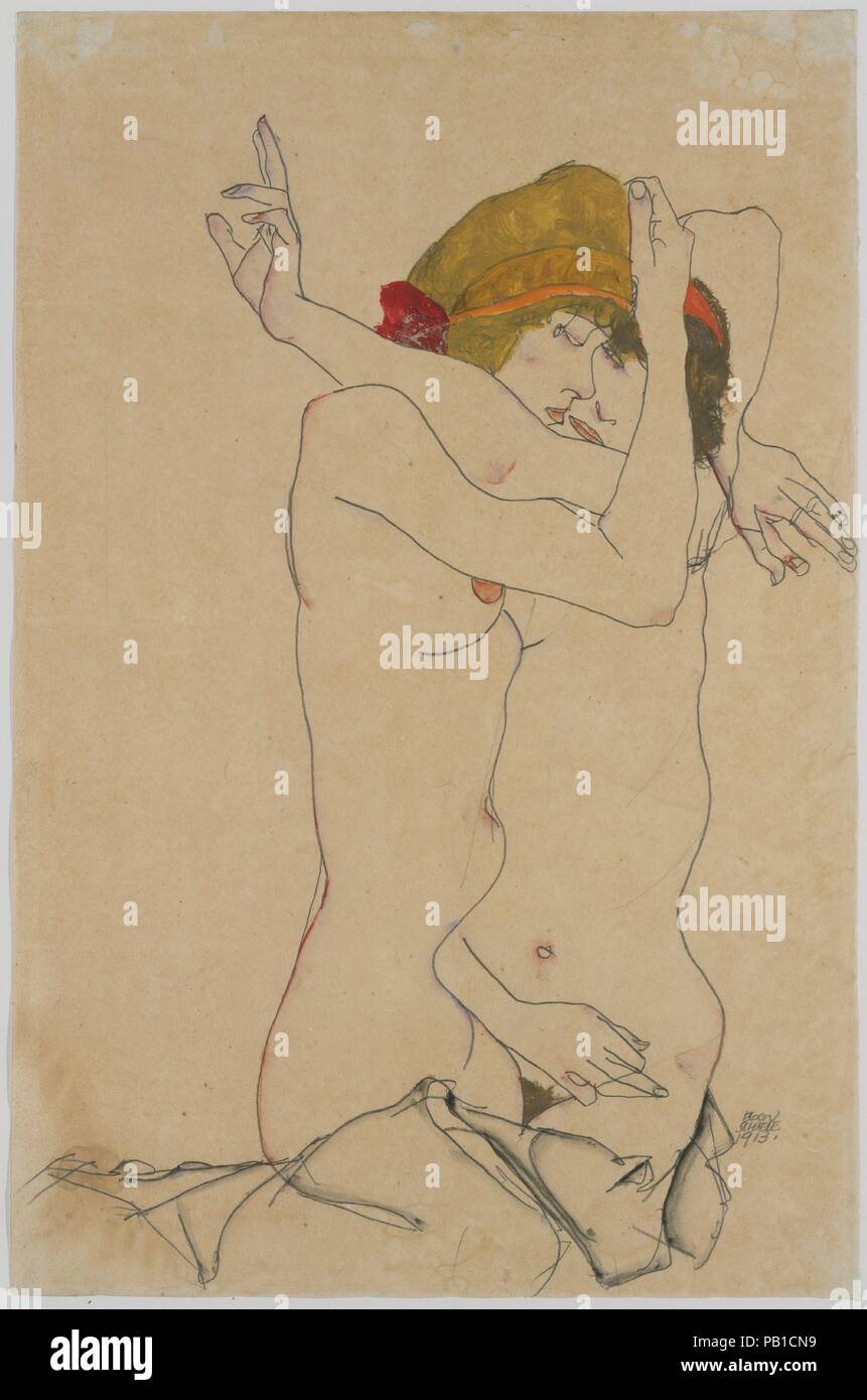 Deux femmes. Artiste : Egon Schiele Tulln, Autriche (Vienne 1890-1918). Dimensions : 18 3/4 x 12 1/2 in. (47,6 x 31,8 cm). Date : 1913. Musée : Metropolitan Museum of Art, New York, USA. Banque D'Images