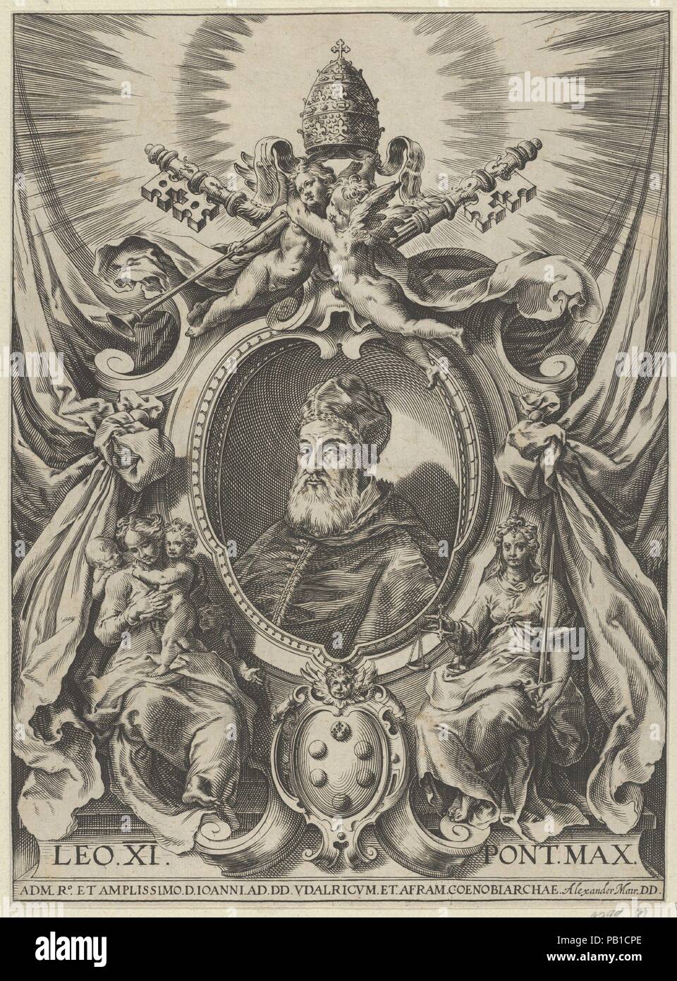 Portrait du Pape Léon X dans une bordure décorative. Artiste : Alexander Mair (Allemand, 1559-ca. 1620) ; Après ( ?) Cherubino Alberti (Zaccaria Mattia) (Italien, Borgo Sansepolcro 1553-1615 Rome). Fiche Technique : Dimensions : 7 1/2 x 10 3/16 po. (19 × 25,8 cm). Date : 1575-1620. Musée : Metropolitan Museum of Art, New York, USA. Banque D'Images