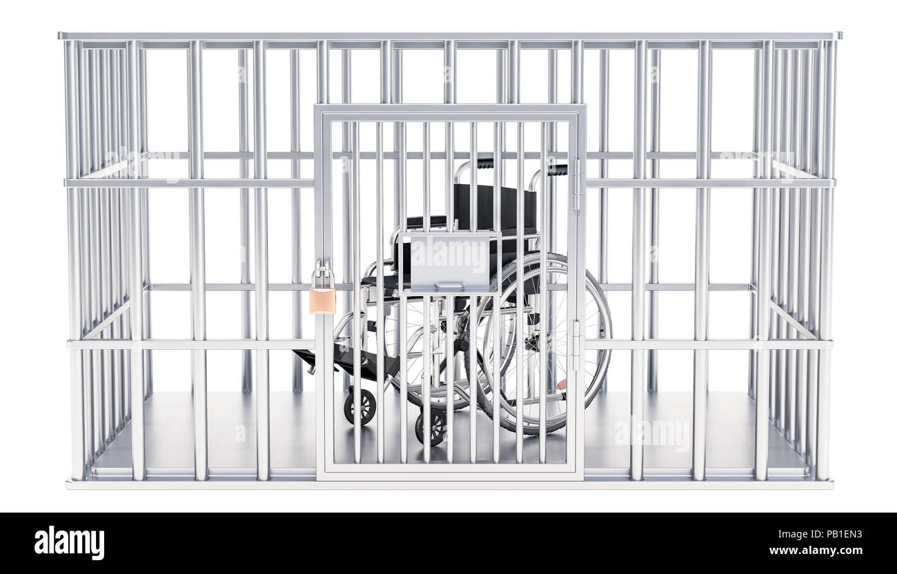 Cage, cellule de prison avec fauteuil roulant manuel, rendu 3D isolé sur fond blanc Banque D'Images